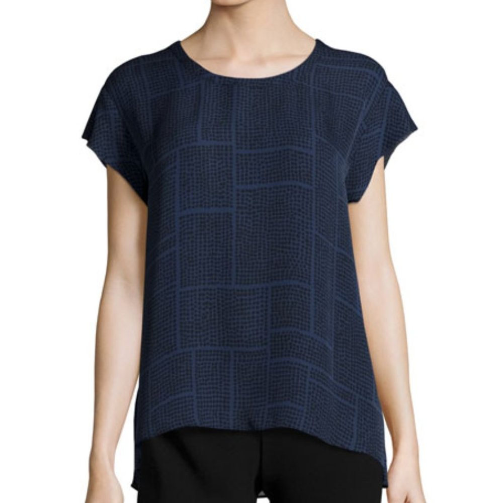 Relaxed Dotted Silk Top, Blue Marine/Black